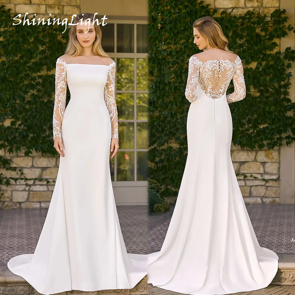 

ShiningLight Simple Satin White Wedding Dress Lace Long Sleeve Bridal Gowns Button Backless Appliques Robe De Mariee Customized