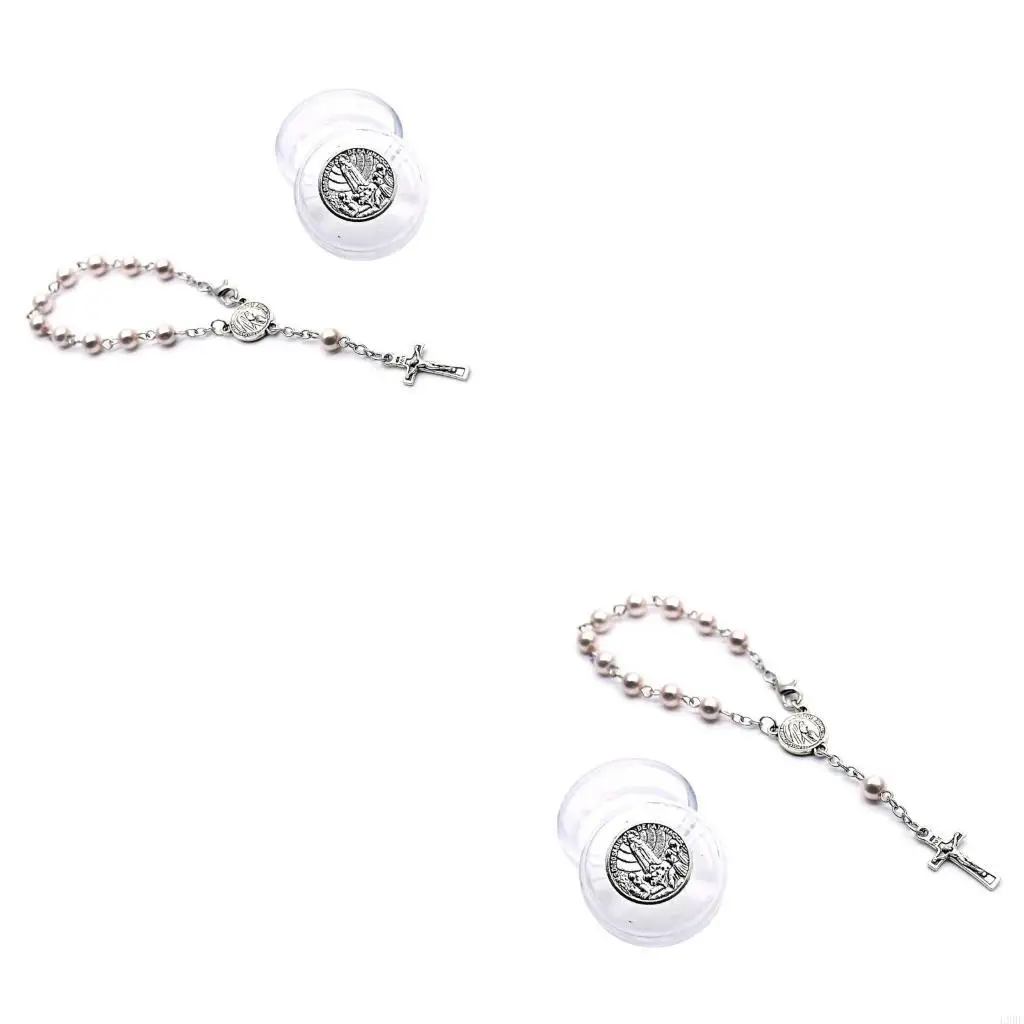 L9BE Glass Pearl Catholic Rosary Bracelet for Baptism Favor Christening Jewelry