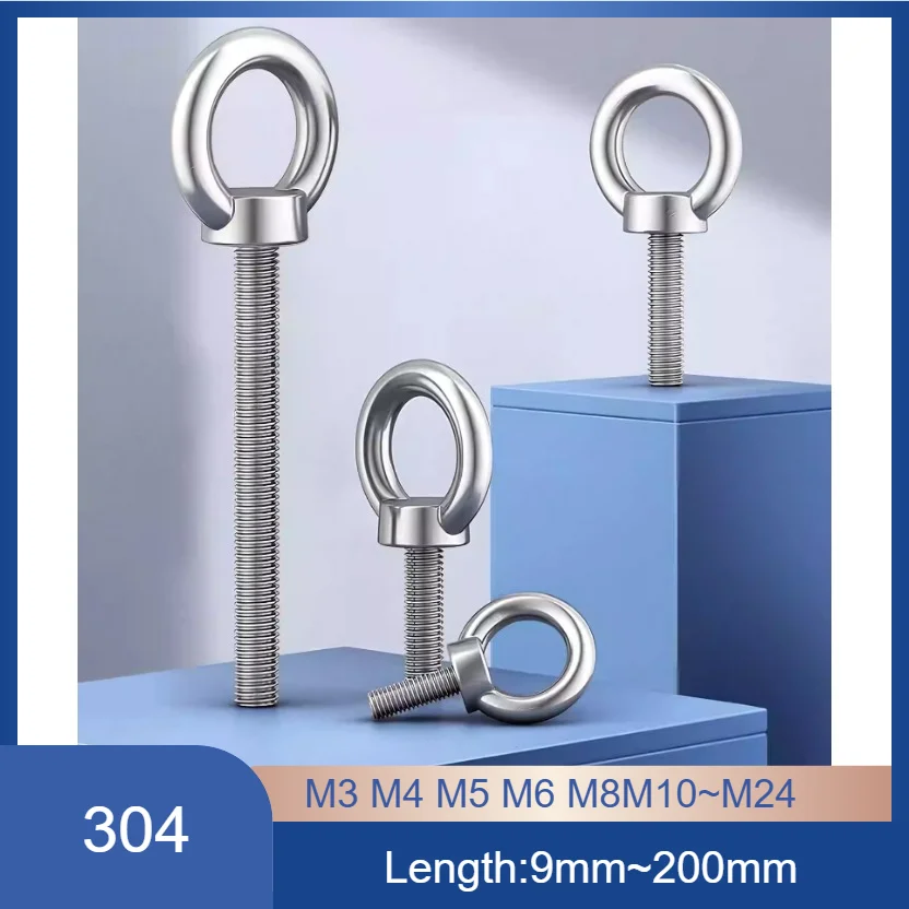 304 Stainless Steel Long Lifting Eye Bolts, O-Ring Round Head Lifting Screws M3 M4 M5 M6 M8 M10–M24