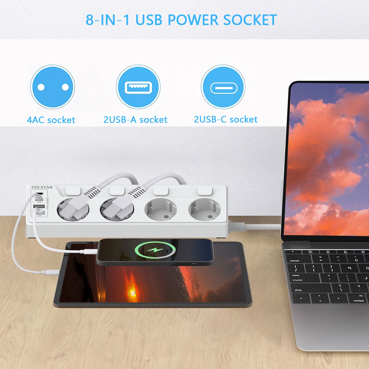 EU Power Strip Multi Electric Socket Network Filter 4 Outlets 4USB Ports Fast Charging 6.5FT Extension Cable Independent Switch