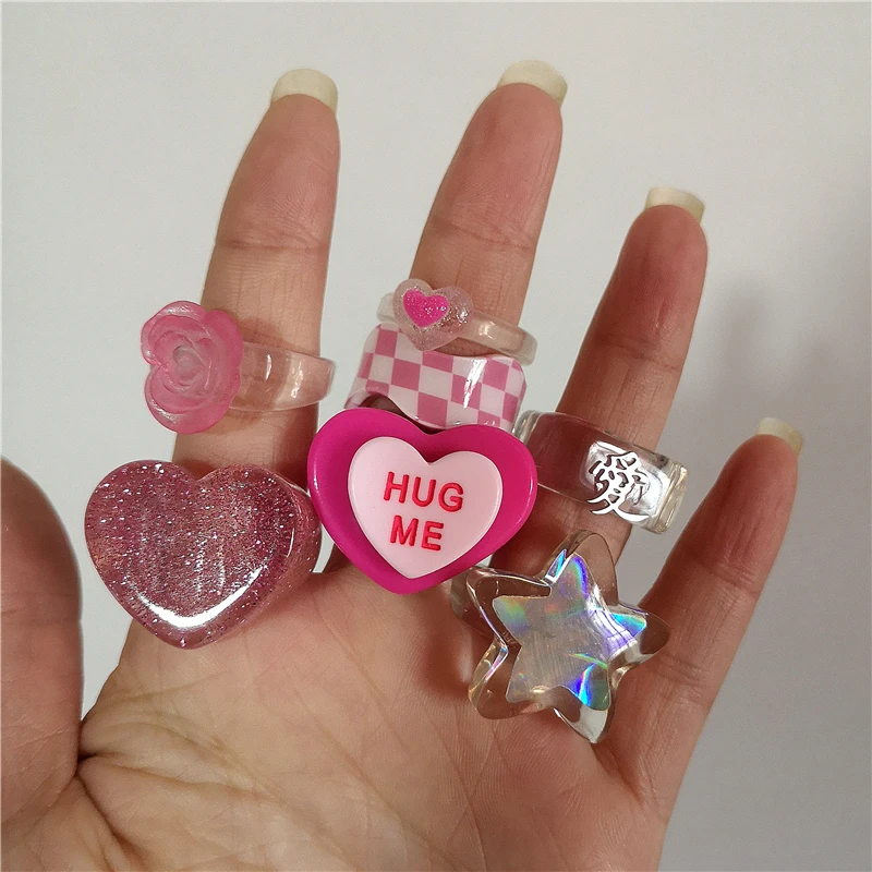 Kpop Cute Goth Pink Transparent Flower Heart Star Resin Acrylic Rings Set For Women Egirl BFF Y2K Aesthetic Jewelry Accessories