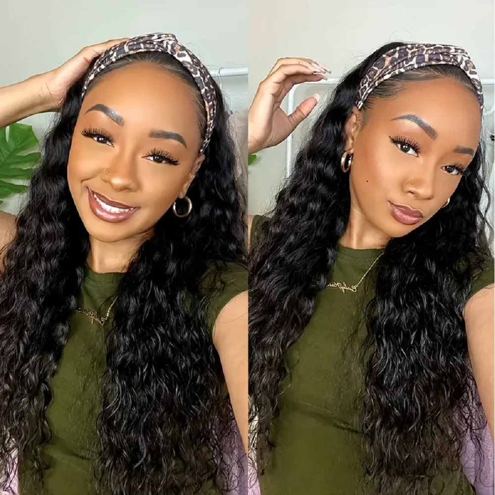 Headband Wig Human Hair For Women Water Wave Brazilian Human Hair Wig Full Machine Made Curly Wigs Human Hair 10-24 Inches Remy