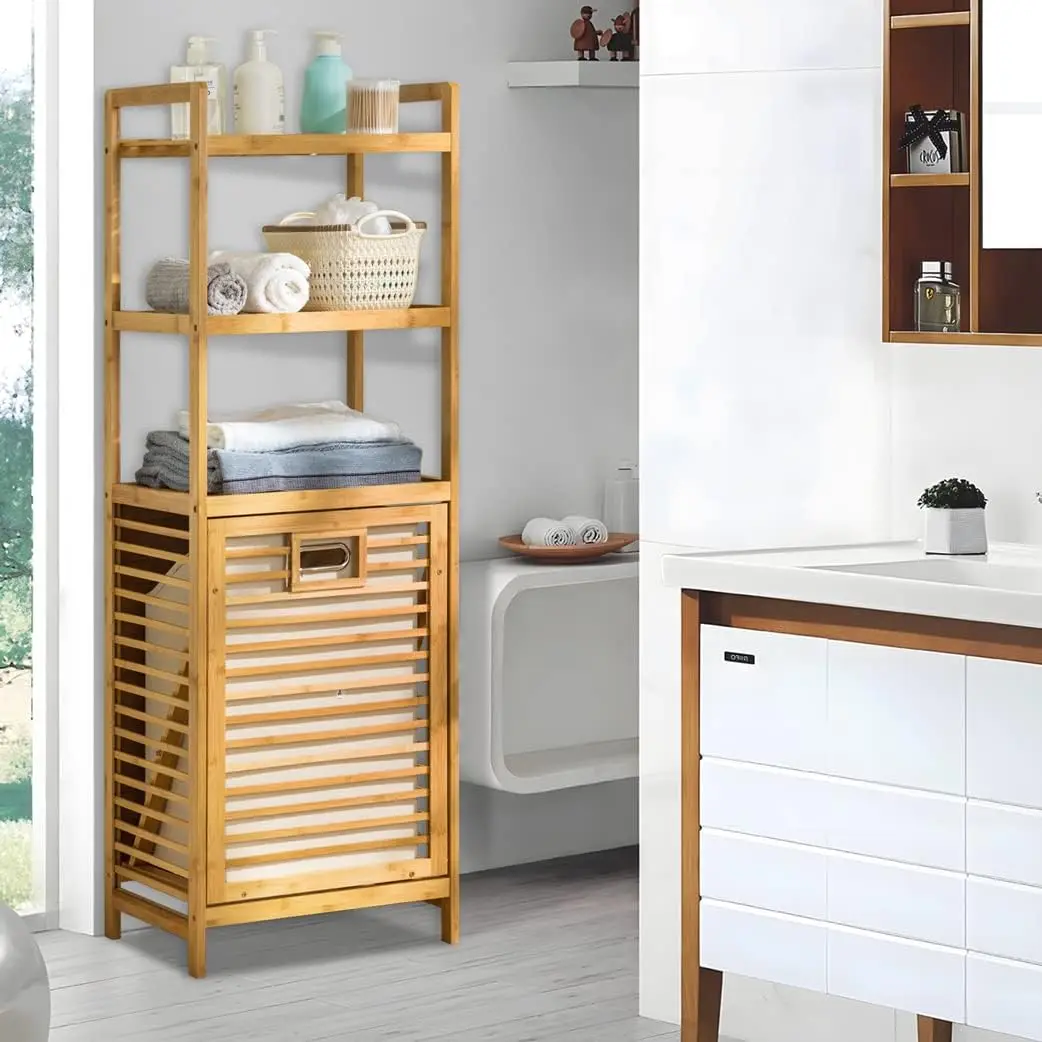 ！@Combohome Tilt-Out Hamper for Laundry 3-Tier Bamboo Pull-Out Laundry Hamper Floor Stand Bathroom Storage Shelf Cabinet