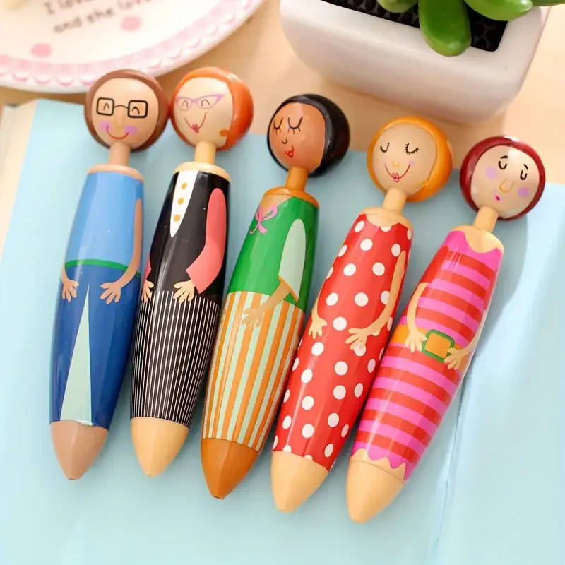 5Pcs Cartoon Character Retractable Ballpoint Pens, Quick-Dry Ink, Fine Point, Oval Shape - Fun Office Supplies Supplies