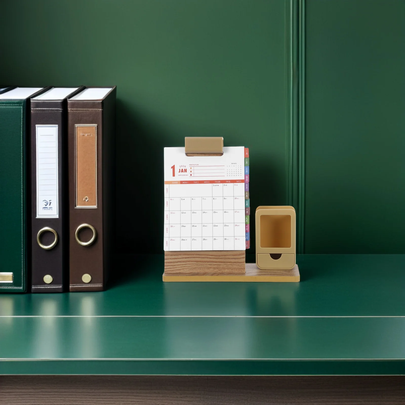 

Wood Calendar Pen Holder: Space Saving Desktop Organizer Rotating Date Tracker For Office School Stationery Storage Solid Wood