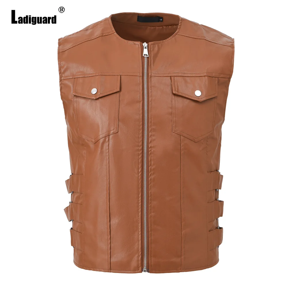 

Ladiguard 2026 Men Vintage Faux Leather Vest Coats Men's Collarless Basic Pu Leather Outerwear Sleeveless Pockets Tank Tops New