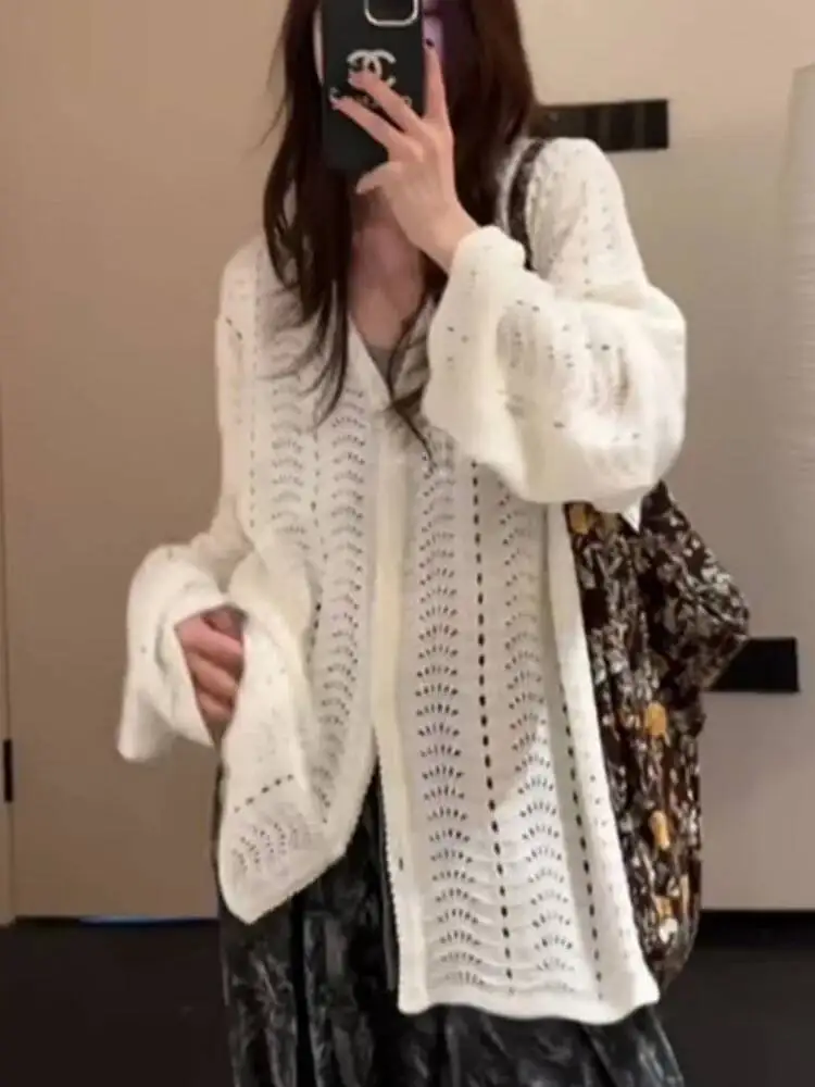 Women's Shirts 2025 New White Knit Cardigan Lazy Style Hollow Out Sweater Niche Design Versatile Outerwear