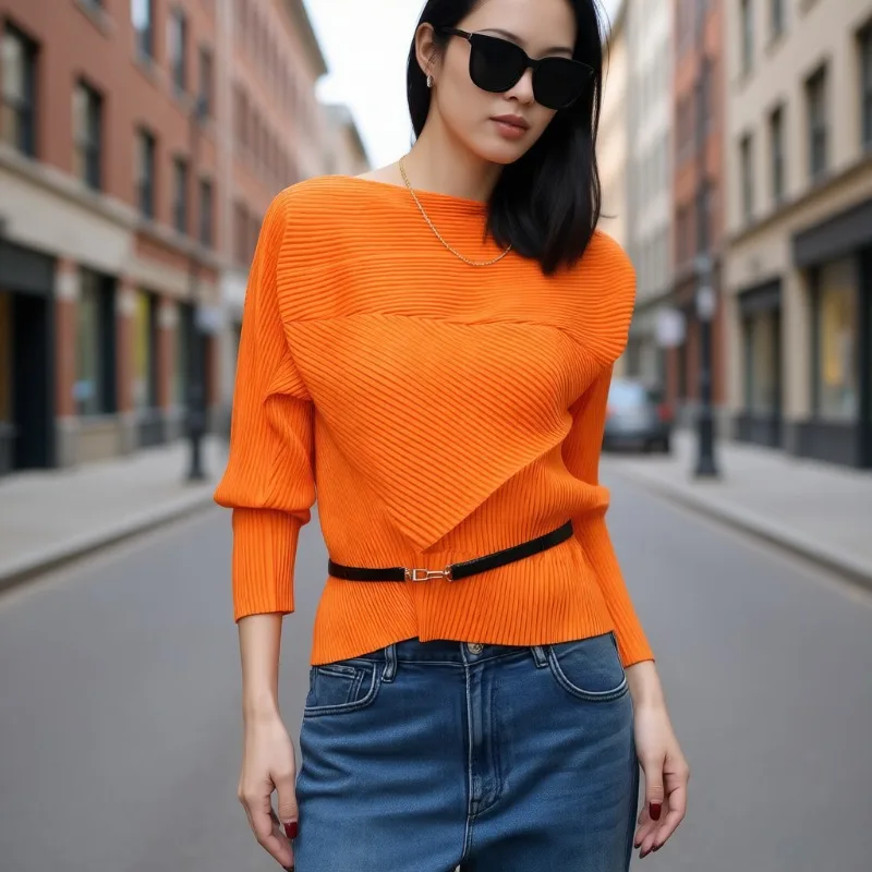 

Miyake Pleated 2026 Spring New Solid Color Handmade Pleat Women's T-Shirt Slim Peplum Long Sleeve Top Simple Casual Office Wear