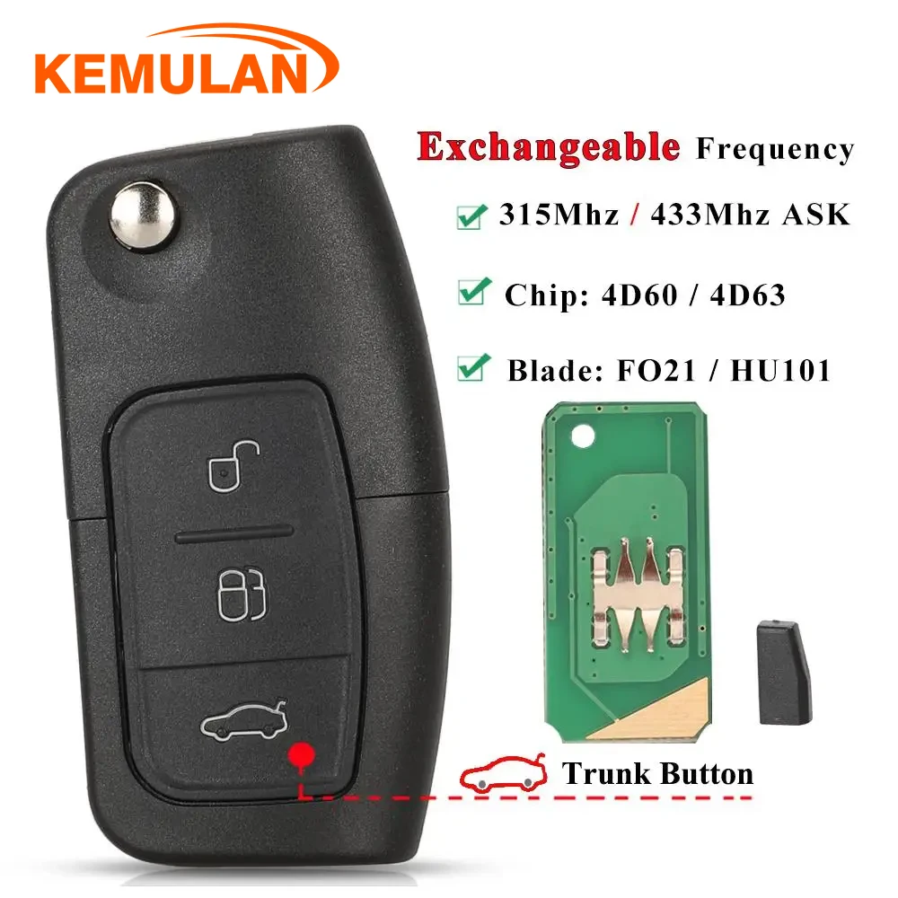 

KEMULAN 315/433MHz 4D63 4D60 Car Remote Key for Ford Fusion Focus Mondeo Fiesta Galaxy HU101 FO21 Blade Vehicle Flip Keys