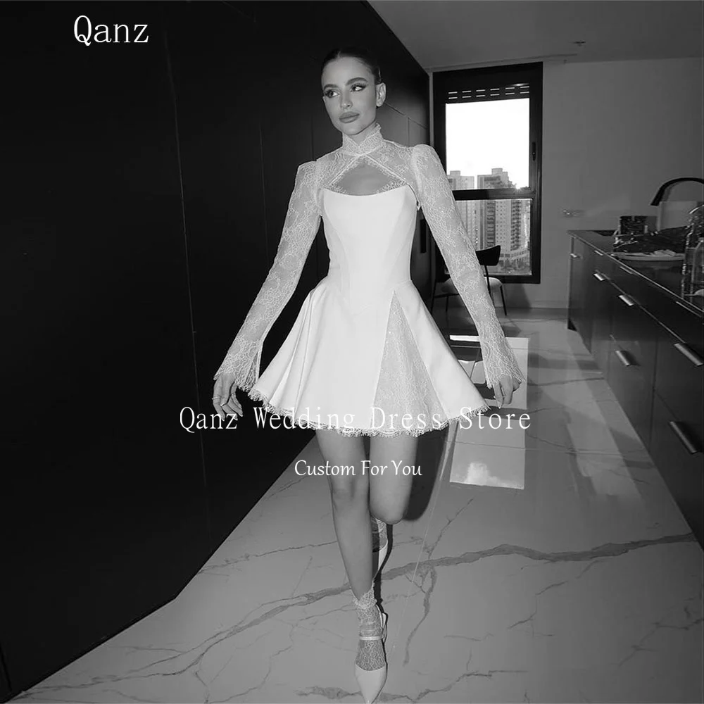 Qanz Boho Soft Satin Wedding Dress with Jacket Long Sleeves Short Party Dress Short A Line Lace Vestidos De Novia Customized