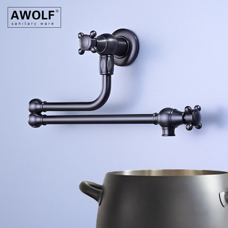

Awolf Solid Brass Pot Filler Brushed Grey Kitchen Folding Faucet Wall Mounted Gold 360 Degree Rotation Tap Chrome FW012