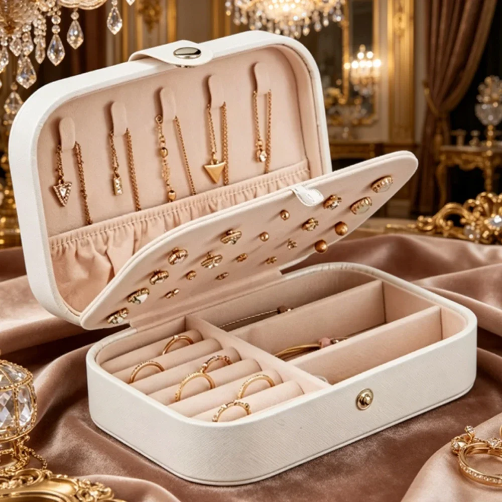 Double Layer Portable Jewelry Box Travel Organizer Jewelry Case Leather Storage Earrings Necklace Ring Jewelry Organizer Display