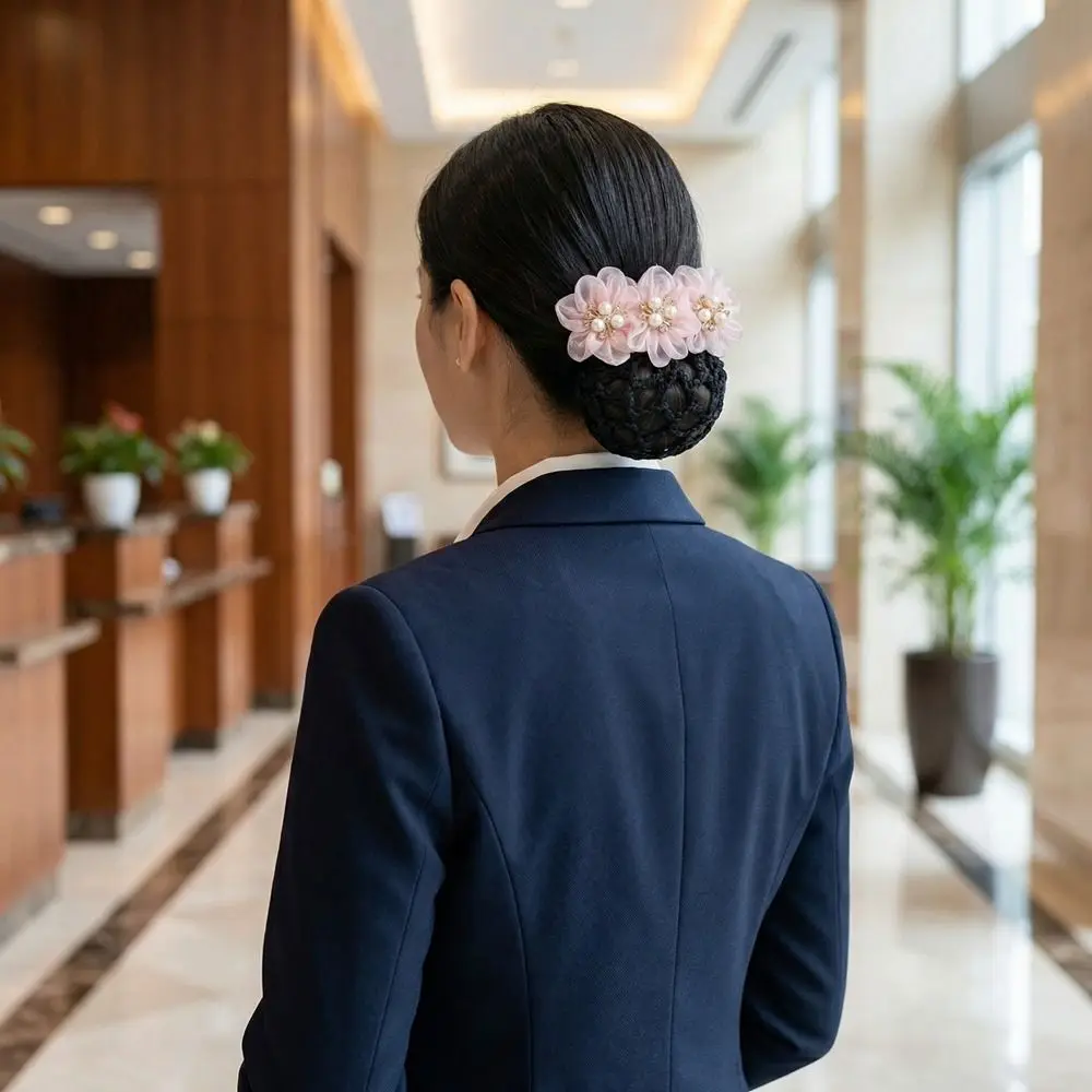 

Elegant Imitation Pearl Delicate Flower Hair Net Dual-Use Cloth Bun Net Snood Colorful Ornament Cover Net Spring Clips Work