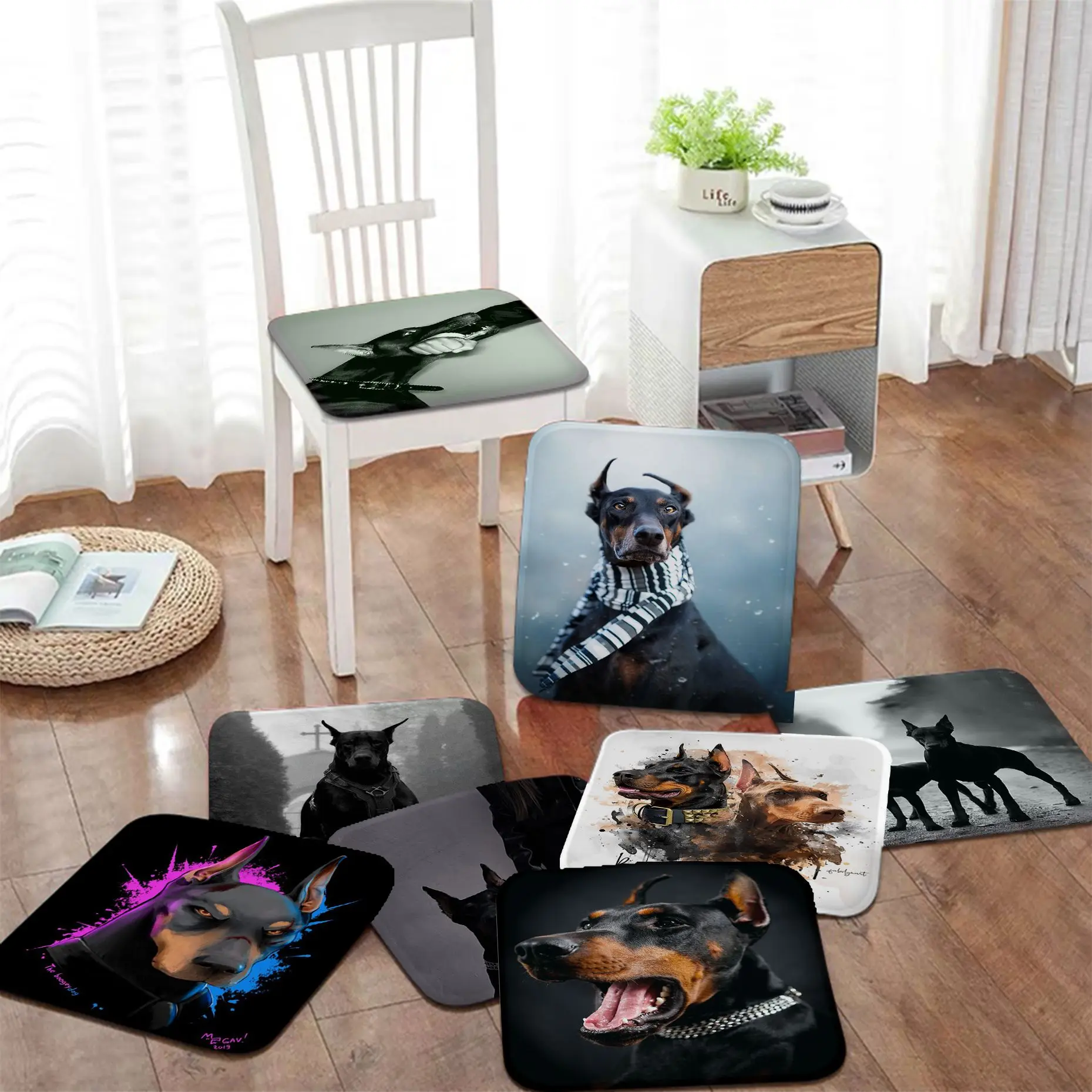 

Modern Black Doberman Dog Square Meditation Cushion Stool Pad Dining Chair Tatami Seat Cushion Anti-Slip Chair Cushions