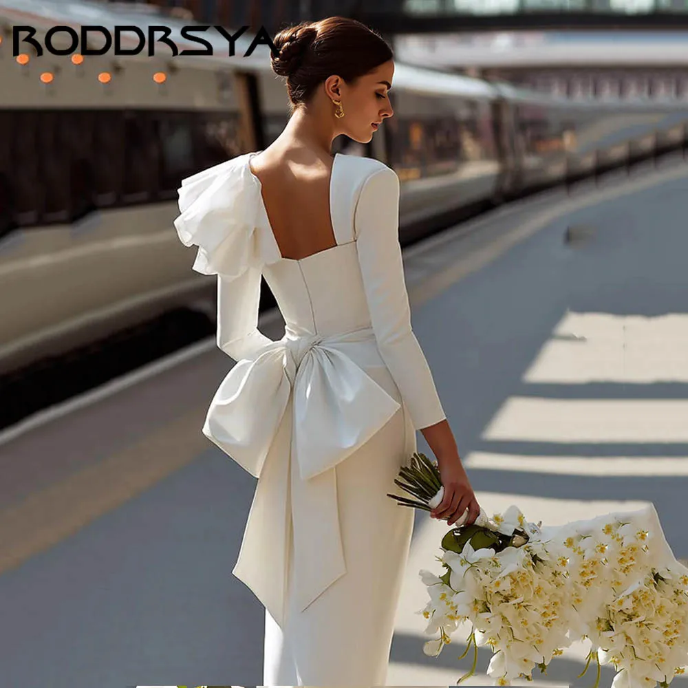 RODDRSYA Witte Lange Mouw Hofzaal Trouwjurken Met Strik Satijn Zeemeermin Bruidsjurk Vierkante Hals vestidos de novia Aangepast