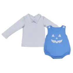 Wholesale Baby Boy Toddler Long Sleeves Plaid Shirt Embroidery Pumpkin Blue Romper Set Kids Children Halloween Outfit Clothing