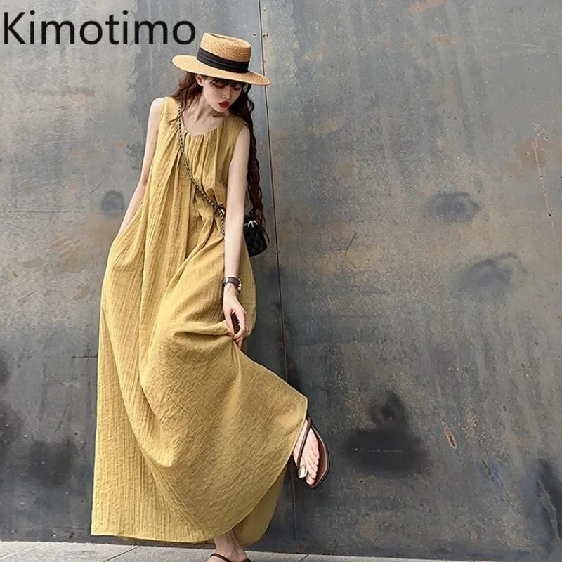 Kimotimo French Holiday Style Sleeveless Dress Women Summer Simple O Neck Loose Casual Solid Vest Long Dresses Beach Vestidos