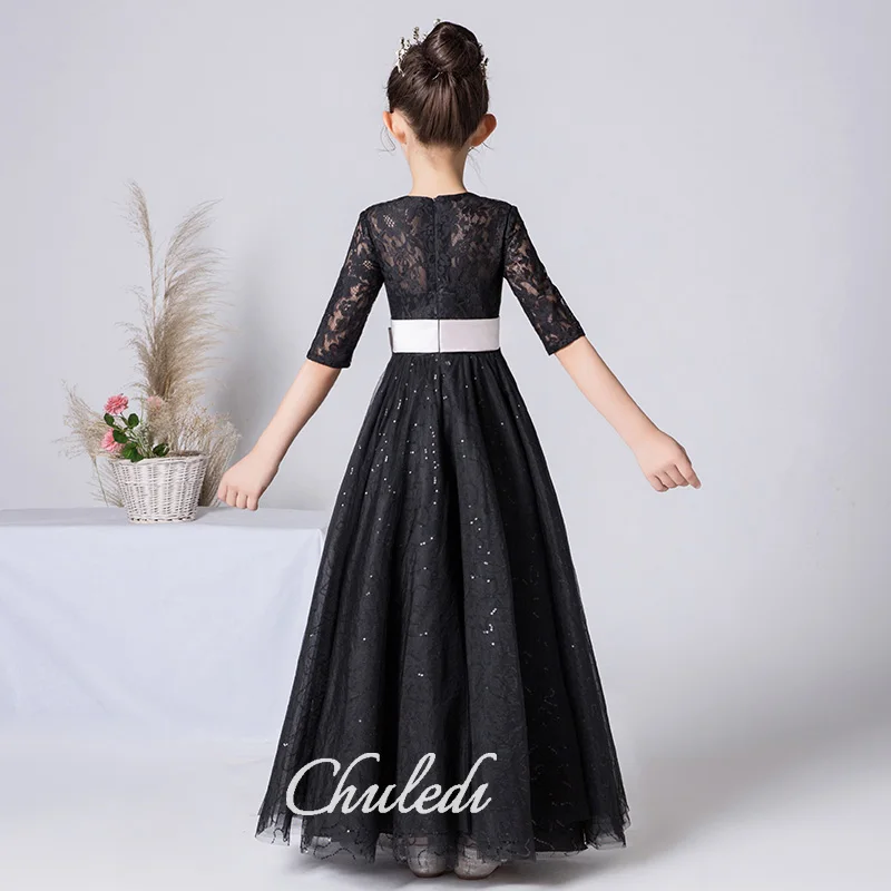 Kommunionkleider Blumenmädchenkleider Teenagerkleider Brautjungfernkleider Lange Prinzessinnenkleider Geburtstagspartykleider Schwarze Spitze r
