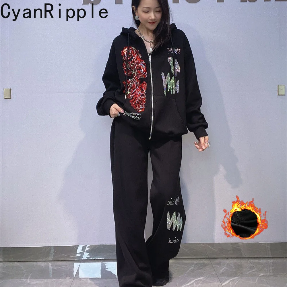 Thicken Fleece Women Two-piece Set Hot Diamonds Hooded Long Sleeve Hoodie Jacket + Elastic Waist Wide Leg Casual Straight Pants
