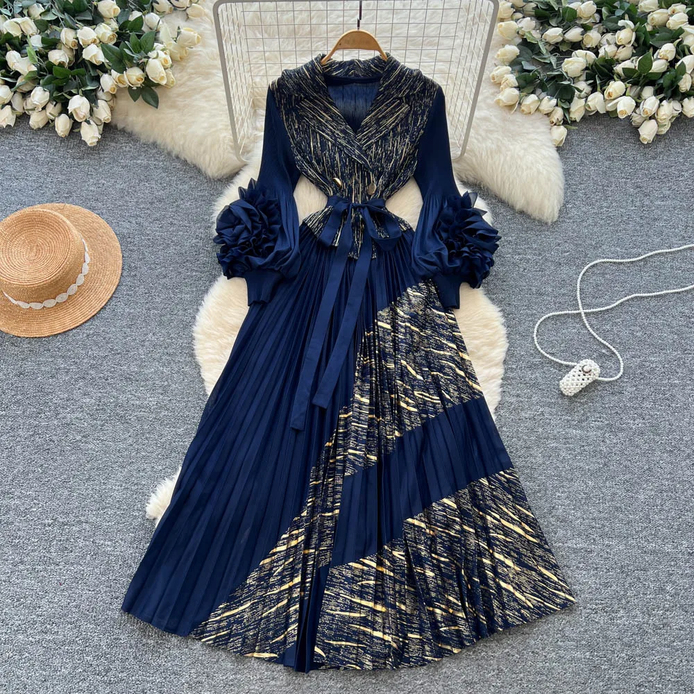 Chique sexy elegante driedimensionale bloemen ruches met lange mouwen A-lijn fee herfst vestidos deel dameskleding