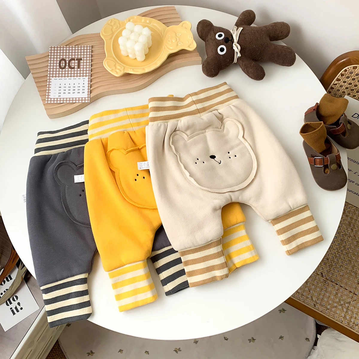 Newborn Baby  Boys Girls Winter Clothes Pants Keep Warm Cartoon Bear Print Back Cute Double  Leggings