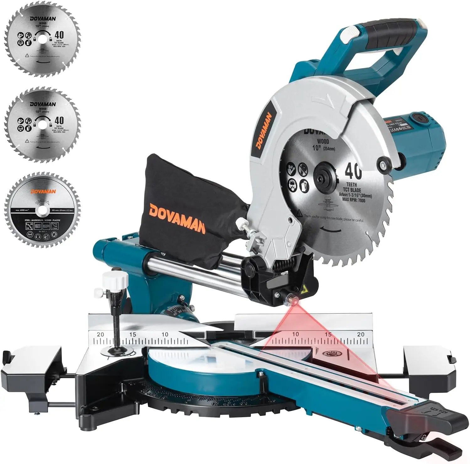 10-Inch Sliding Miter Saw, Multi-Material Cutting w/ 3 x TCT Blades, Ambidextrous Operation, 5000/3200RPM Speed, Laser G