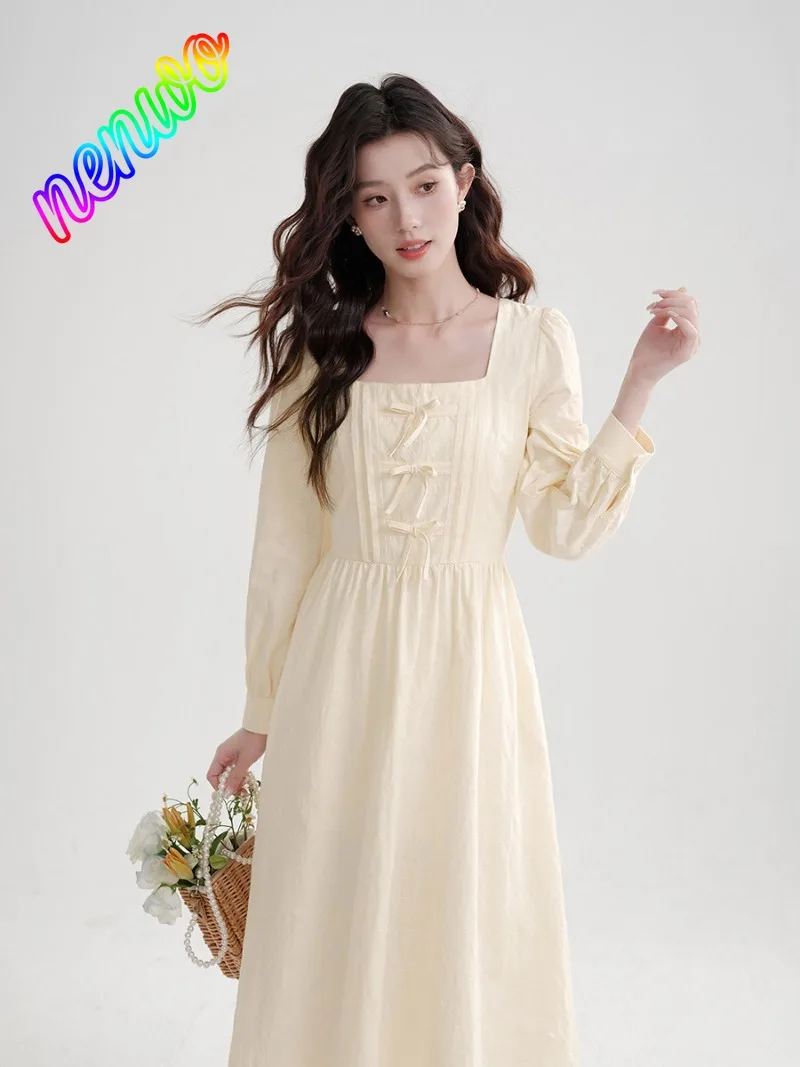 

Dresses Women French Style Vintage Spring Autumn Tender Casual White Simple Bow Empire Flare Sleeve Classy Party Vestido Mujer