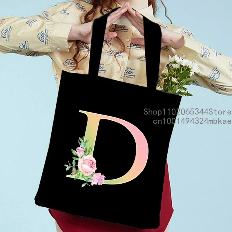 Pink Green Letter Handbag Lady Rose Alphabet Shoulder Bag Student Outdoor Beach Canvas Tote Bag Girl Foldable Shopping Bag Black