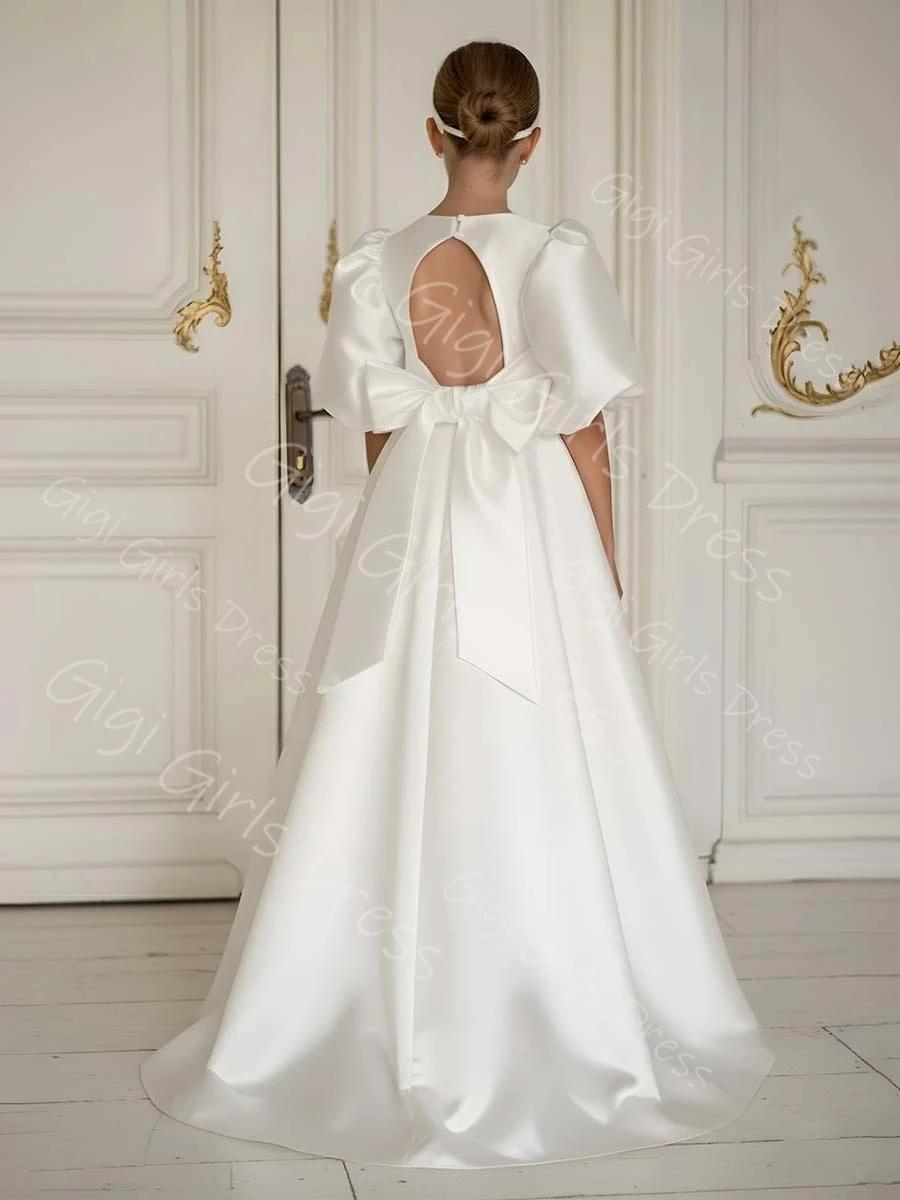 Vestido de satén personalizado con flores para niña, vestido de primera comunión con mangas de globo y cintura alta, vestido de fiesta de boda personalizado para niño