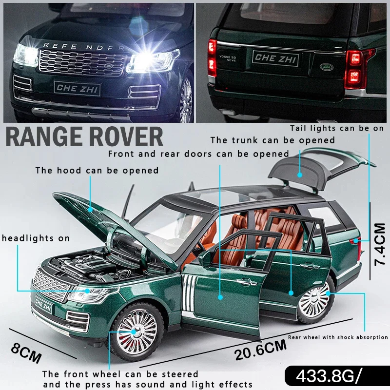 Modelo de coche Land Rover Range Rover Suv 1:24, simulación de sonido y luz, adornos de colección de coches de aleación, juguete para niños, regalos