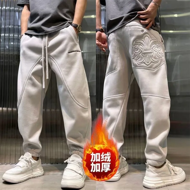 

Осенне-зимние модные утепленные спортивные брюки-шаровары с вышивкой для мужчин, повседневные свободные спортивные брюки больших размеров
