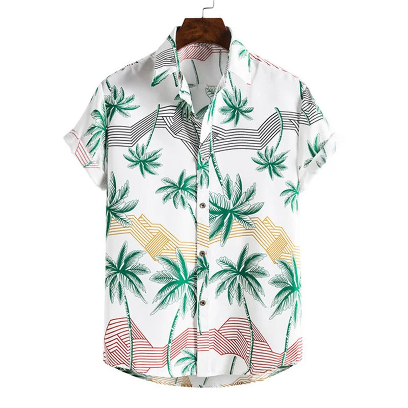 Camisa de praia de manga curta masculina, coqueiro padrão, lazer, turismo, férias, roupa casual, verão