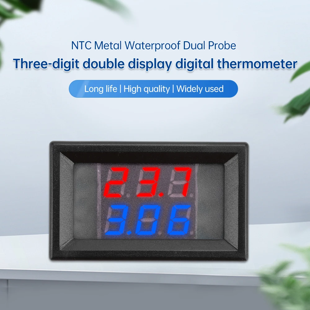 تيار مستمر 4 فولت إلى 28 فولت 0.28 بوصة LED صغير شاشة مزدوجة مستشعر درجة الحرارة الرقمي NTC مقاوم للماء مسبار معدني جهاز قياس درجة الحرارة