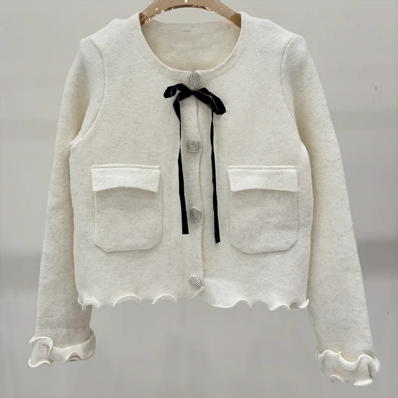 

High-quality women's sweater cardigan with bow ties, buttoned front, chest emblem, three-dimensional pocket,flared hem 25916219