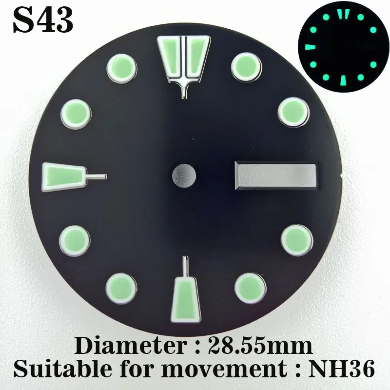 28.5 มม.NH35 NH36 นาฬิกา dial เหมาะสําหรับ NH35 NH36 การเคลื่อนไหวติดตั้ง,สีเขียวส่องสว่าง,นาฬิกาอุปกรณ์เสริม