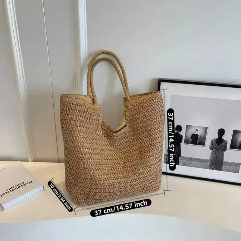 Damen-Tragetasche aus Stroh, gewebt, modisch, schlicht, für den Urlaub, große Kapazität, lässige Schulterhandtasche für den täglichen Gebrauch auf Reisen – Detail 4