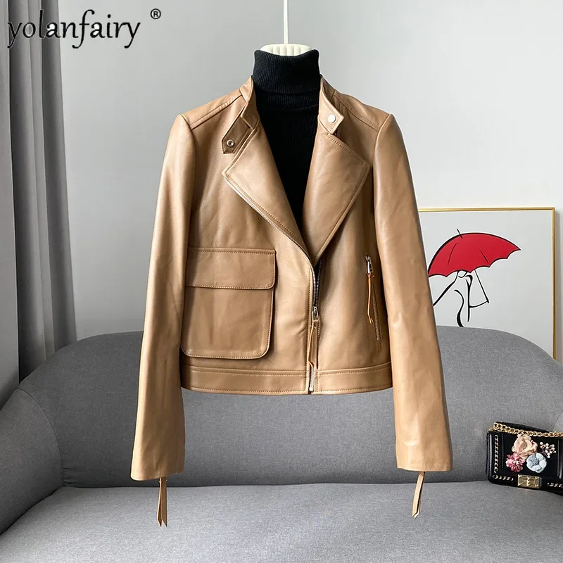 YOLANFAIRY Spring Short Genuine Leather Clothes Women's Locomotive Style Pure Sheepskin Jacket Female Clothing Autumn Outerwear