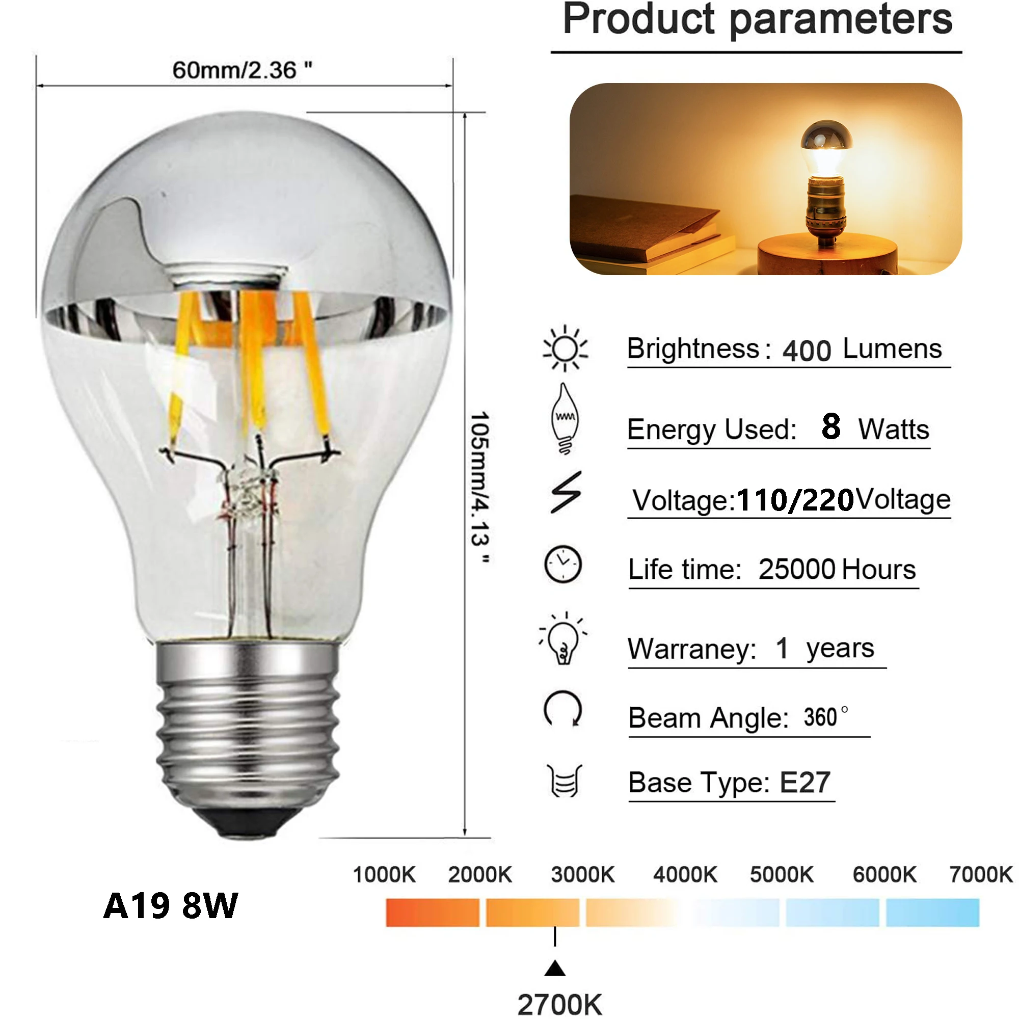 Imagem -03 - Dimmable Led Edison Lâmpadas Espelho Led Bulb A19 E27 E26 8w 220v 110v Top Tigela de Prata Gotejado Metade Cromo Coroa Vintage Lâmpada Luz