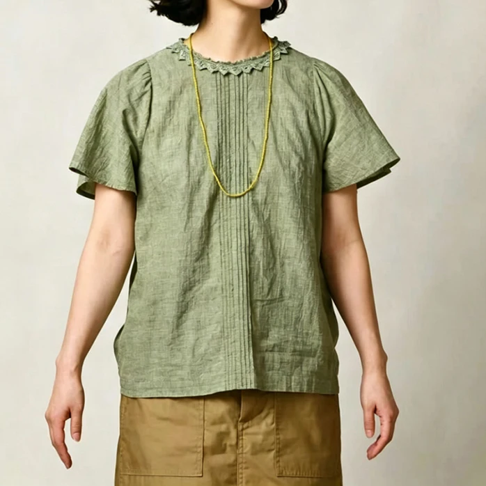

Slimming Japanese Style Short Sleeve Shirt Lace Collar Flounce Hem Cotton Blend Regular Fit Summer New Arrival Women's Shirt