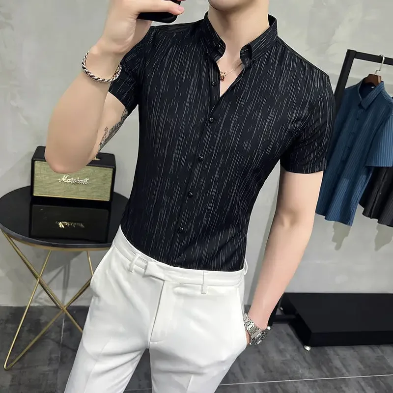 

Plain Short Sleeve Man Shirt Black Vintage Designer with Collar Silk High Quality Luxury Cotton Sale Cheap Brand Shirts for Men