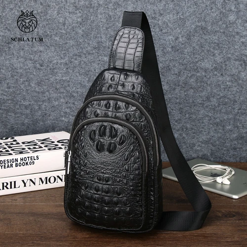 SCHLATUM-Bolso de pecho de piel de vaca 100% para hombre, bolsa multifuncional de piel de cocodrilo, color negro, a la moda