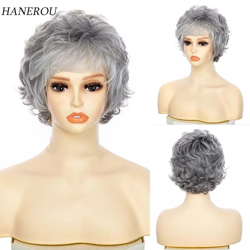 

Women's Fluffy Short Synthetic Wigs Ombre Silver Grey Hair Natural Short Straight Hair Wig with Bangs Mommy Daily Wear