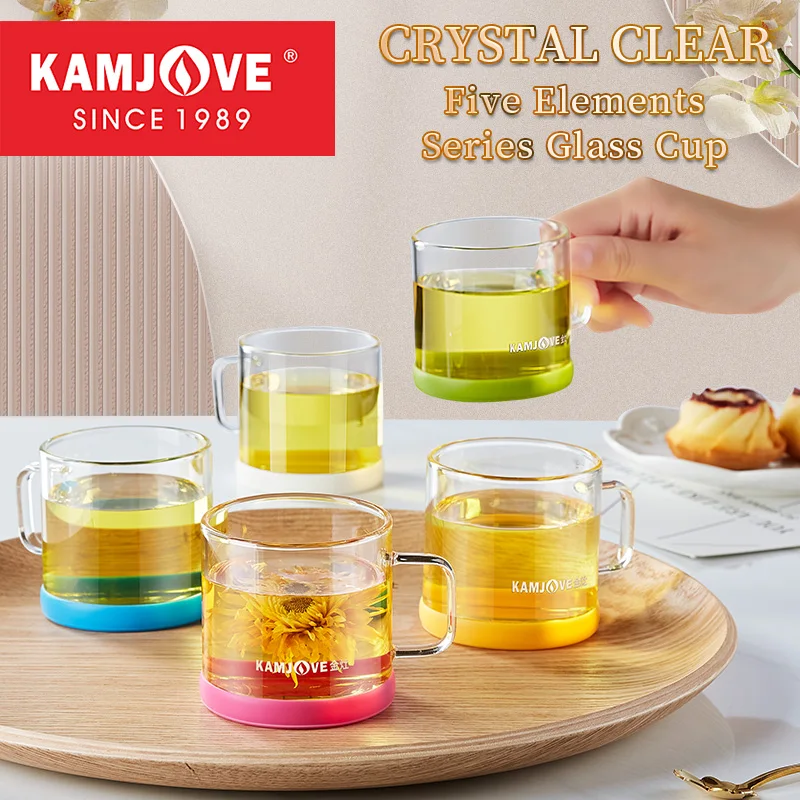 

KAMJOVE Water Cup with Lid,Handle Glass Cup Art&Fashion Cup,K-108 High-resistant Glass Household Set Mini Tea Cup Flower Tea Cup