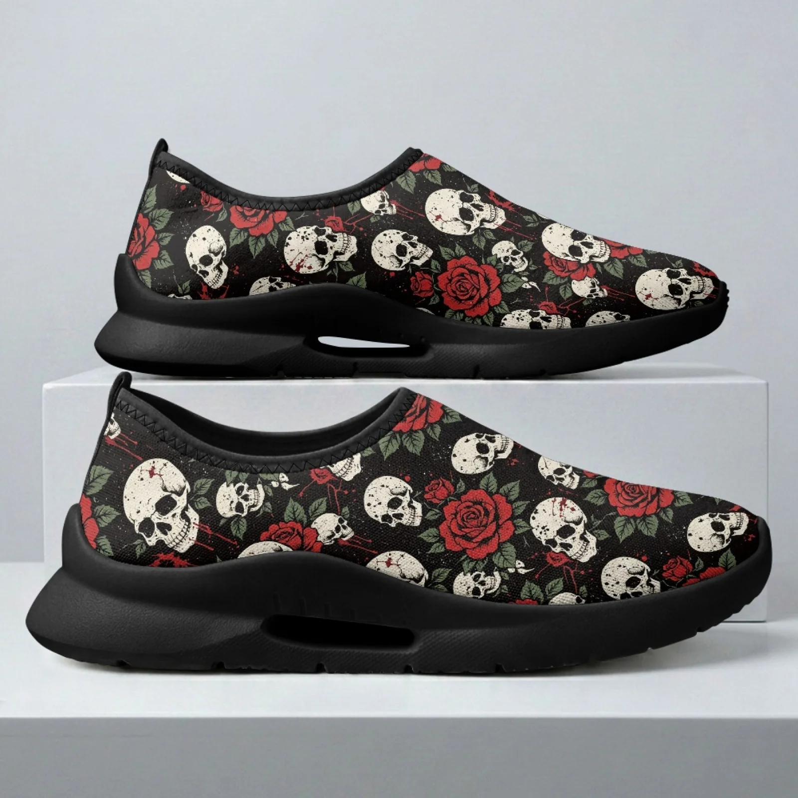 PENSTROLL Comfortable Walking Shoes Versatile Anti-Skid Tennis Walking Sneakers for Everyday Men Skull Rose Print