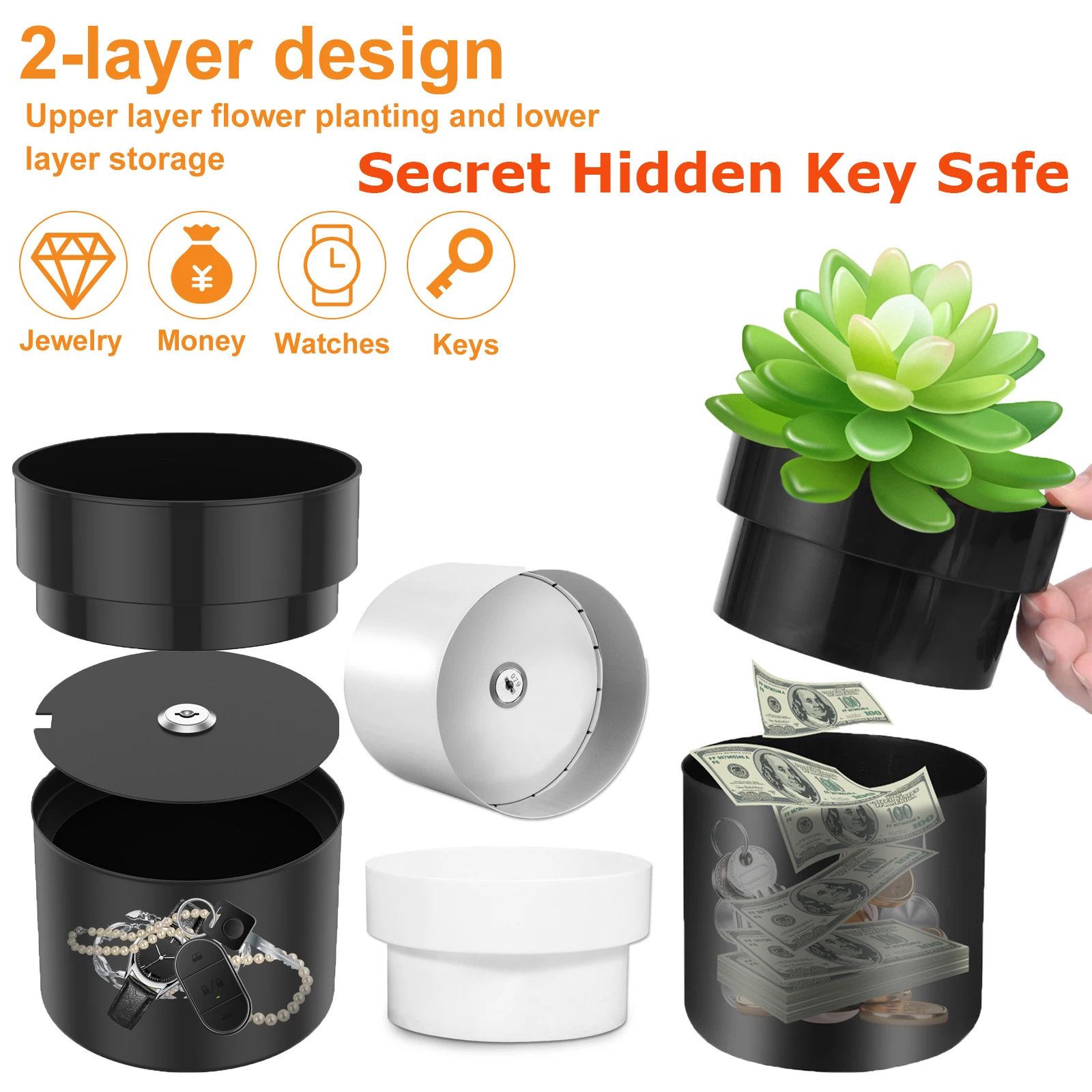 2 Layer Flower Pot Diversion Safe Metal Decor Flower Pot Secret Compartment with Money Bag and Lock Secret Hideaway Money Keys