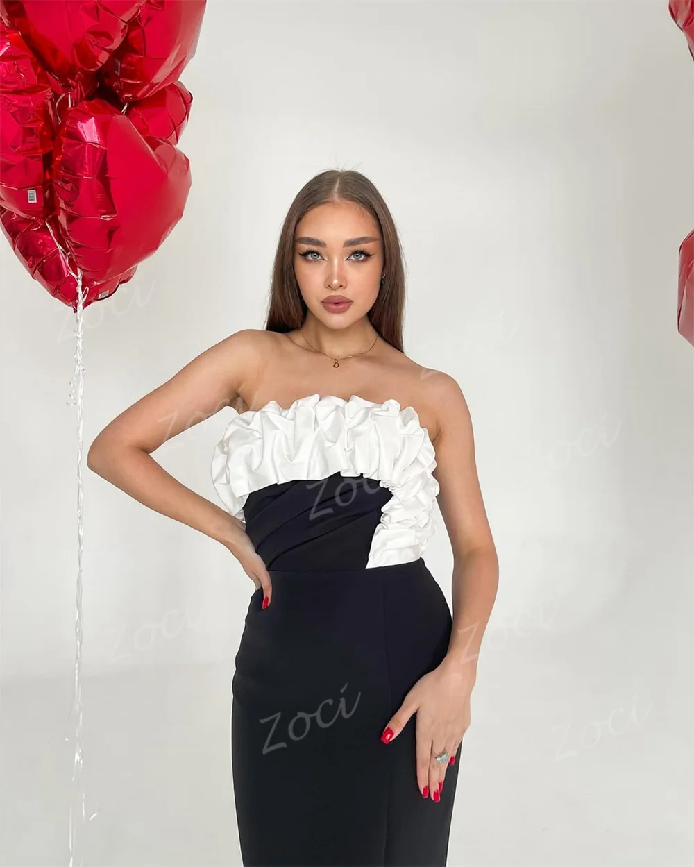 Zoci Strapless Mermaid Prom Party Dresses Customized Black White Long Women Evening Gowns High Slit Formal Engagement Dress