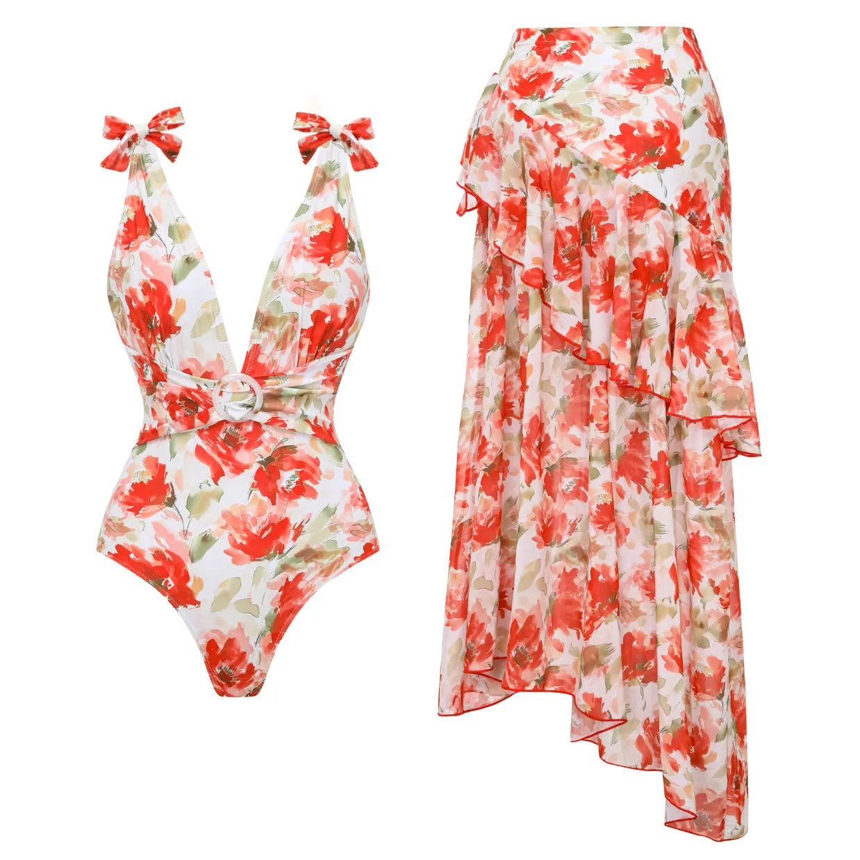 Floral One-Piece Swimsuit for Women with Bow Shoulder Straps Elegant Two-Piece Beachwear Set Stylish Ladies Poolside Outfit