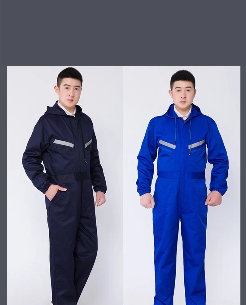 Hi Vis Safety work clothing Work Overalls Reflective Stripe hooded worker Uniform Mechanic factory workshop sailor Work Coverall