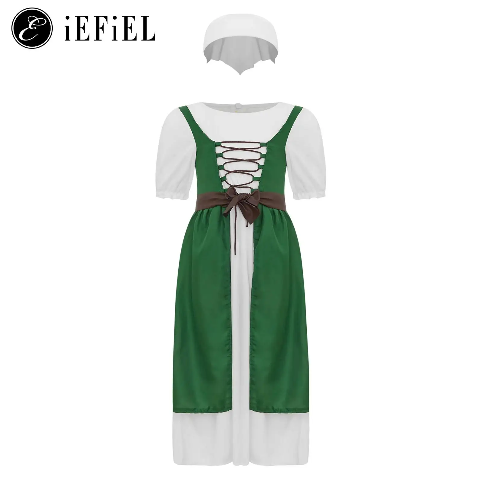 Kids Girls St. Patricks Day Costume Short Sleeve Dress with Kerchief Renaissance Vicatorian Cosplay Dress-up Medieval Clothes