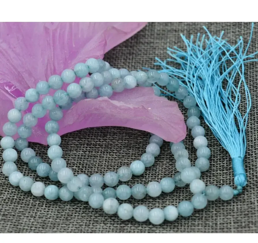 

FINE jewelry 6mm stone Buddhist Natural Aquamarine 108 Prayer Beads Mala Bracelet Necklace AA jade Jewelry cry